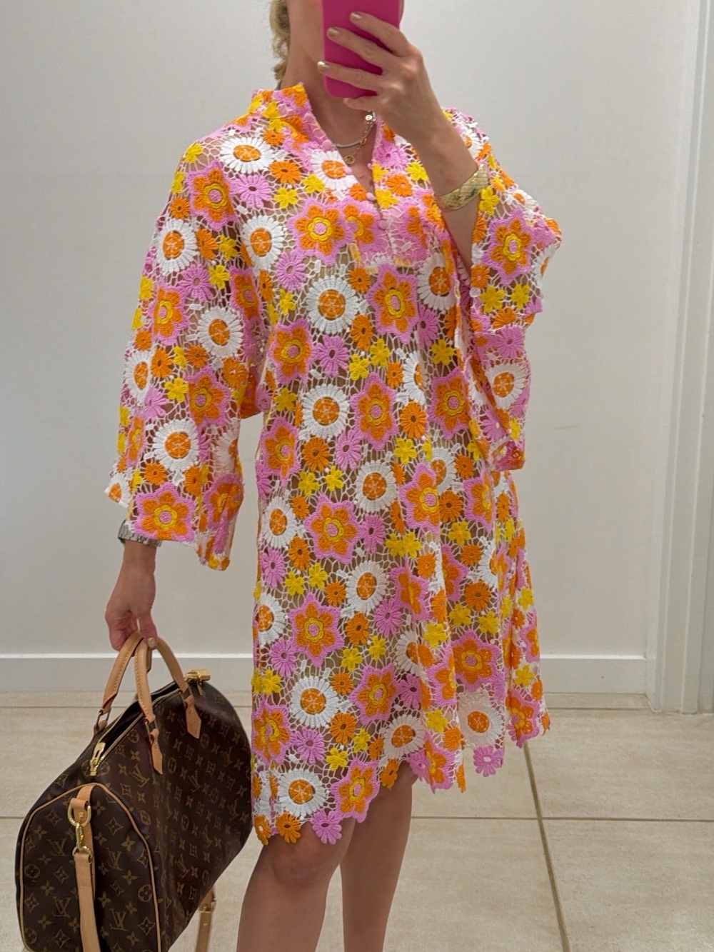 J.Marie Pink & Orange Floral Crochet Mini Dress
